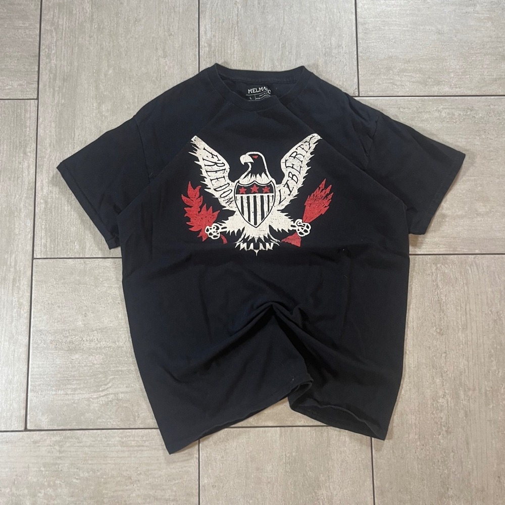 Melmarc Mens Large Black Freedom Liberty Eagle Graphic Tee Cotton Short Sleeve